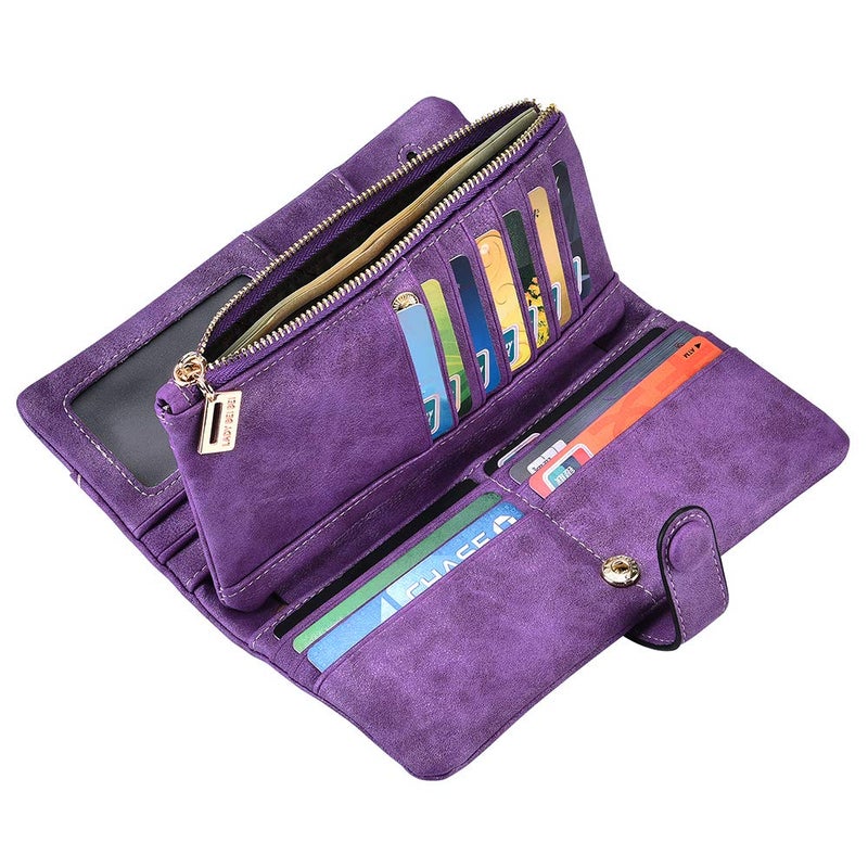 Bird&Fish Women Vegan Leather Wallet Bifold Clutch Large Capacity Card Organizer Buckle Long Purse for Girls Candy Color (Purple) â€¦ - Image 3